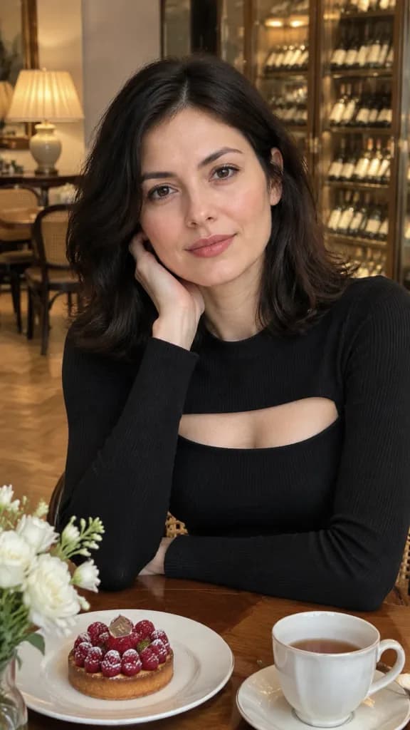 Retrato Feminino em Café de Luxo Acolhedor