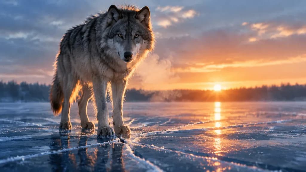 Einsamer Grauwolf auf gefrorenem See bei Sonnenaufgang
