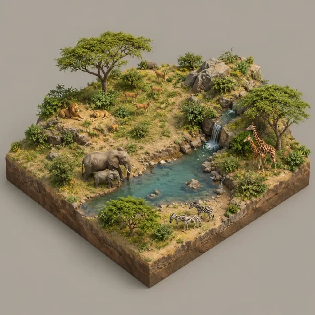 Isometric Miniature Wildlife Habitat Diorama