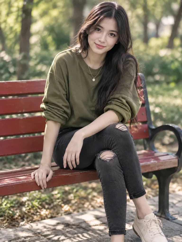 공원 벤치에 앉은 세련된 여성