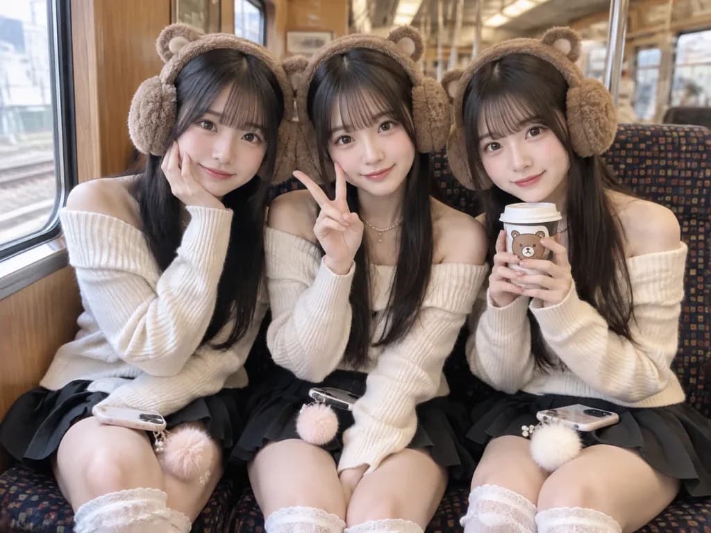 日本の通勤電車に乗るカワイイ三つ子
