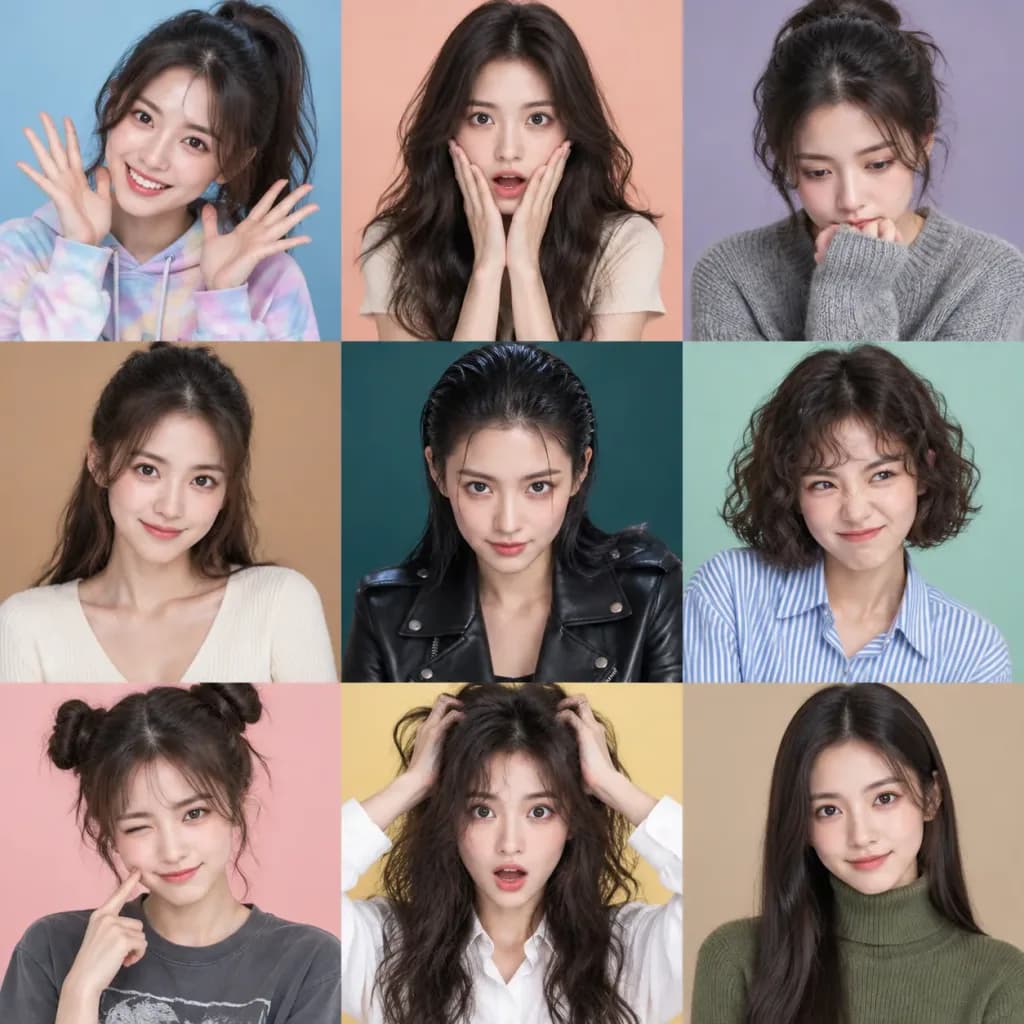 同一人物9つの表情グリッドポートレート