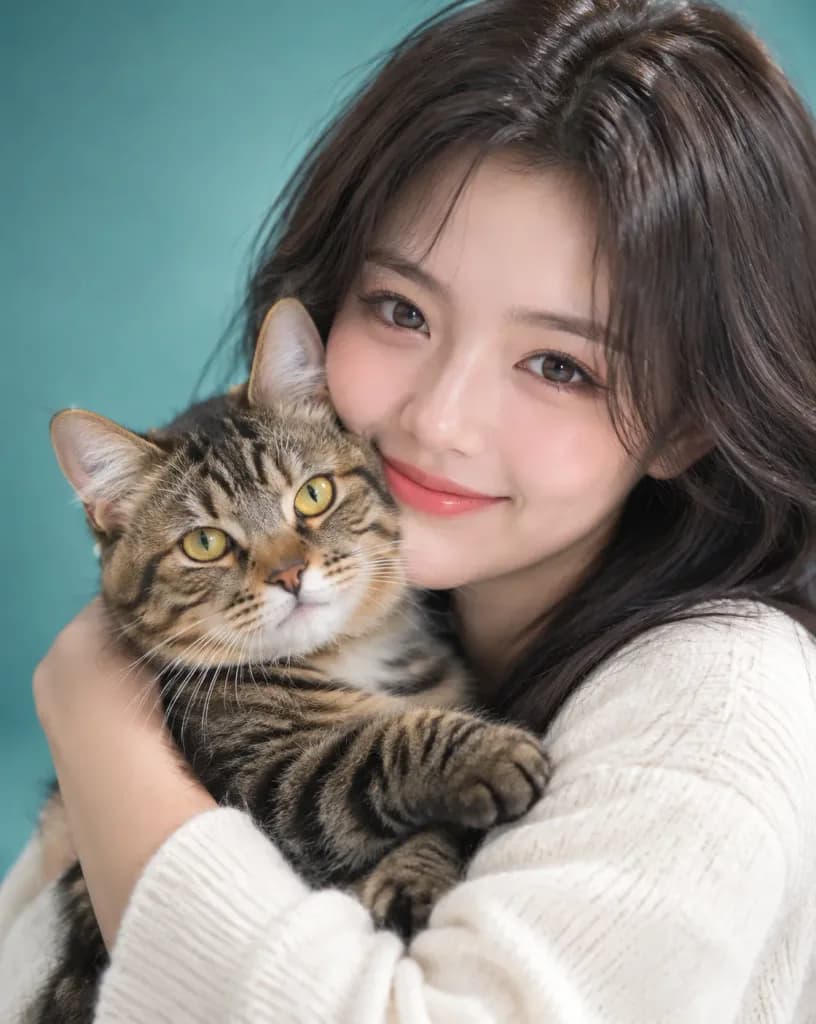 태비 고양이를 안고 있는 여성의 초상