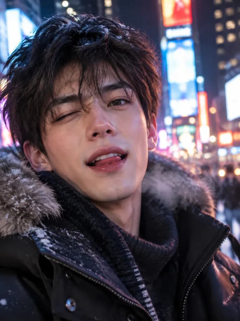 Winter Night Neon Portrait in Times Square