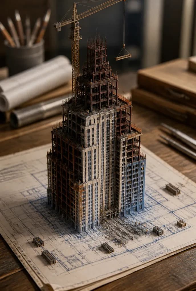 3D Miniature Building Emerging from Blueprint