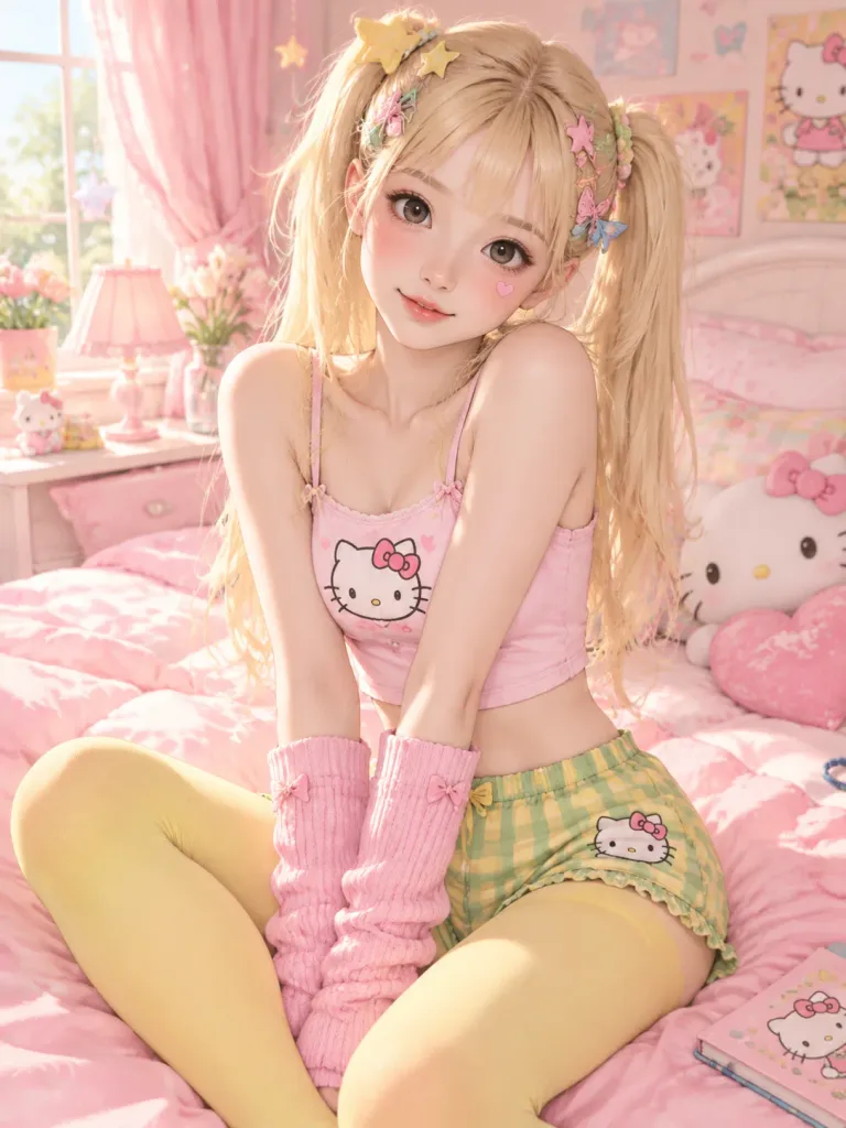 파스텔 핑크 헬로키티 침실 인물 사진
