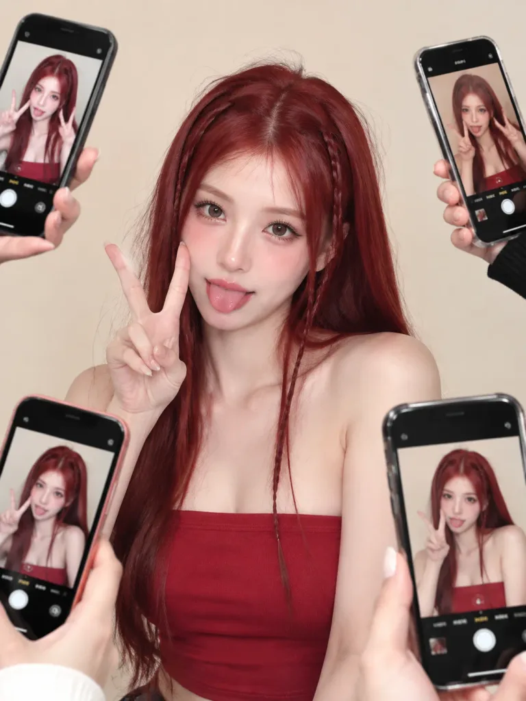 Playful Influencer Portrait Surrounded by Smartphones