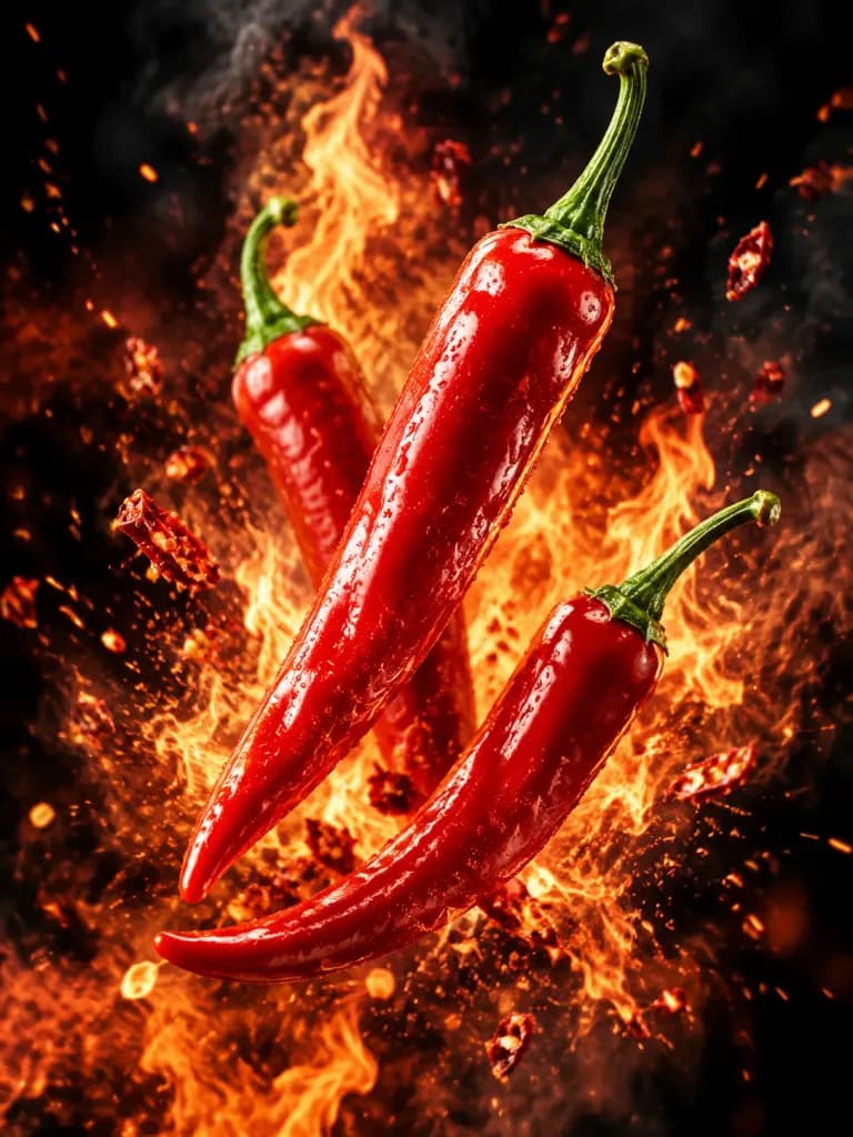 Fiery Exploding Chili Peppers Food Photography