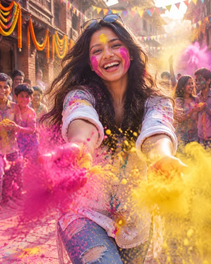 ホーリー祭の色粉を投げる瞬間ポートレート