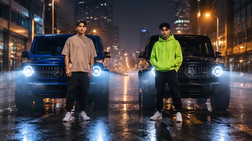 Urban Night Portrait with Luxury SUVs