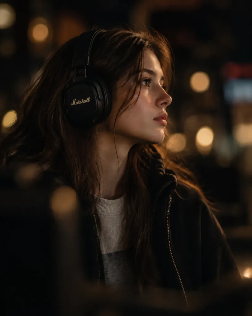 Moody Woman Profile with Marshall Headphones