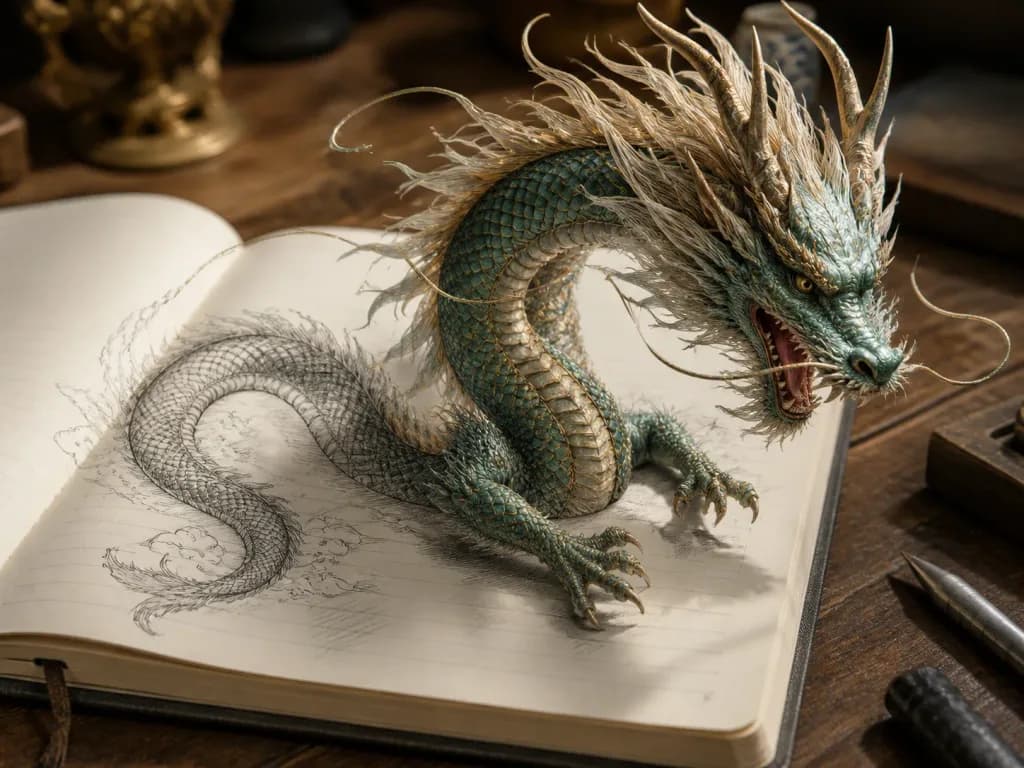 Eastern Dragon Emerging from Sketchbook