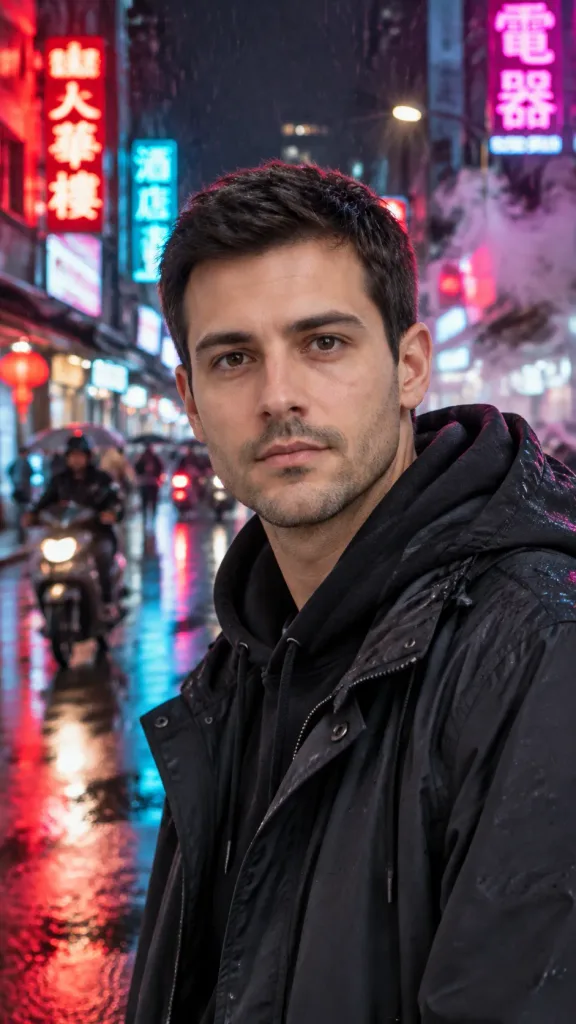 雨のネオン街の男性ポートレート