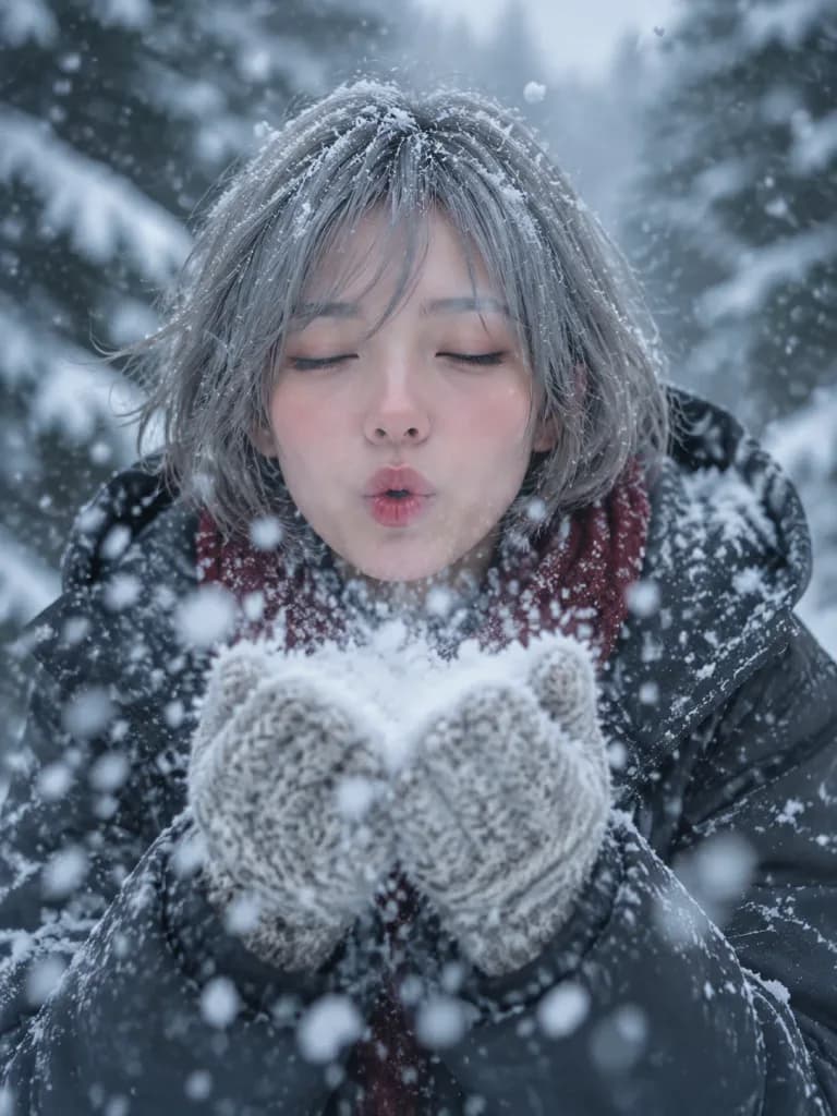 Winter Portrait Blowing Snow in Forest