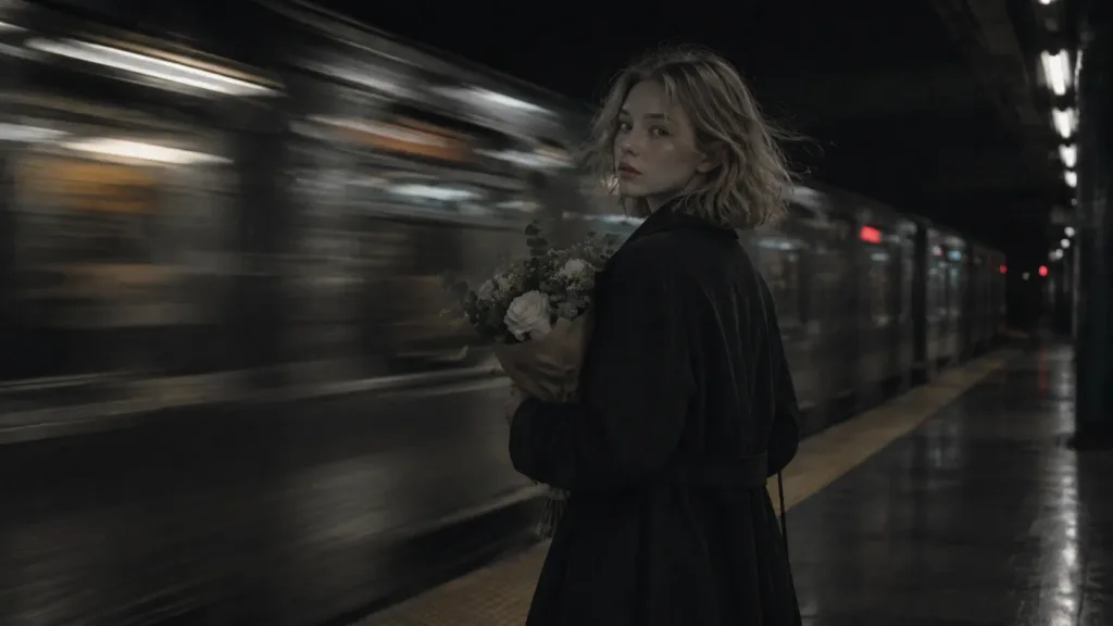 Woman on Subway Platform with Passing Train