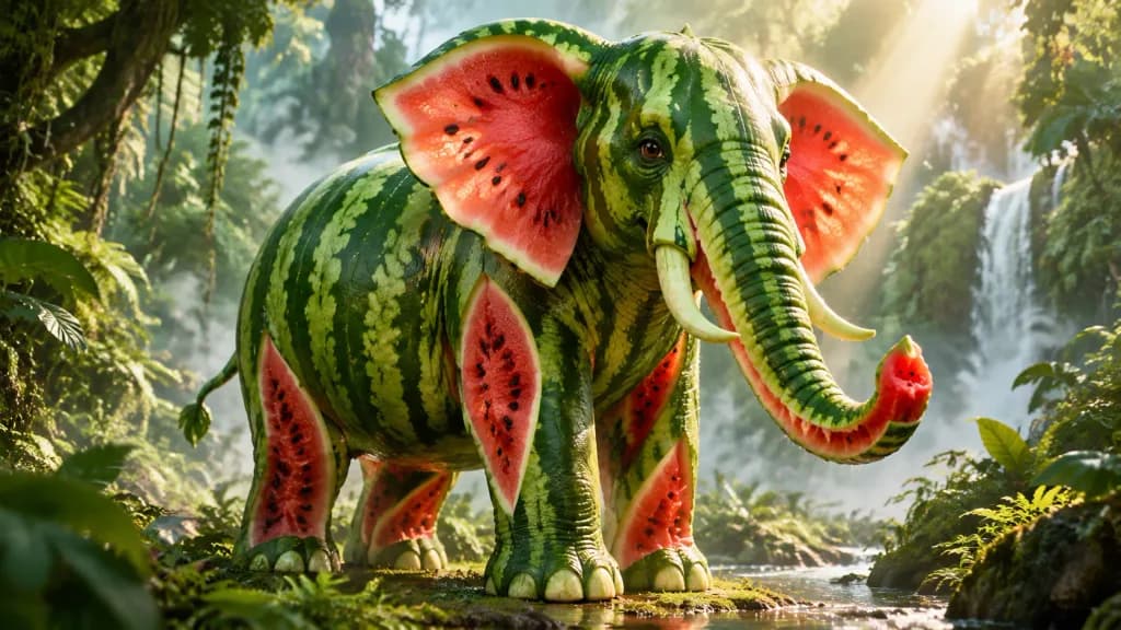 Fantasy Watermelon Elephant in Rainforest
