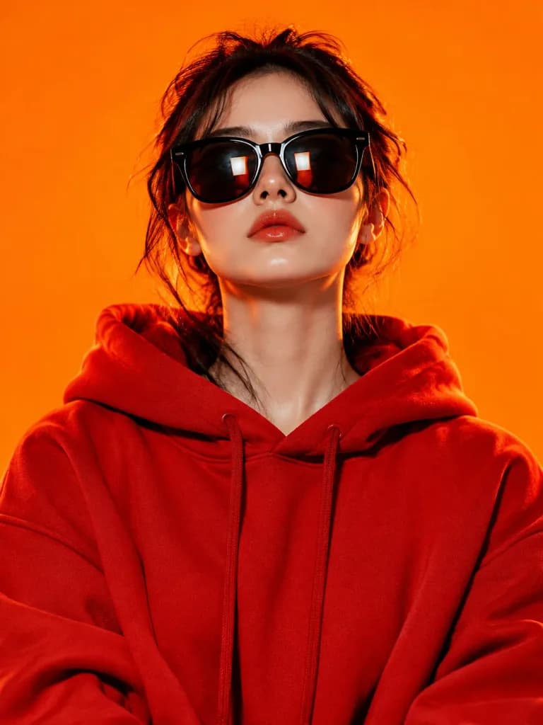 Studio Portrait in Red Hoodie and Sunglasses