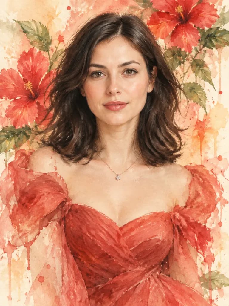 Watercolor Ball Gown Portrait with Hibiscus