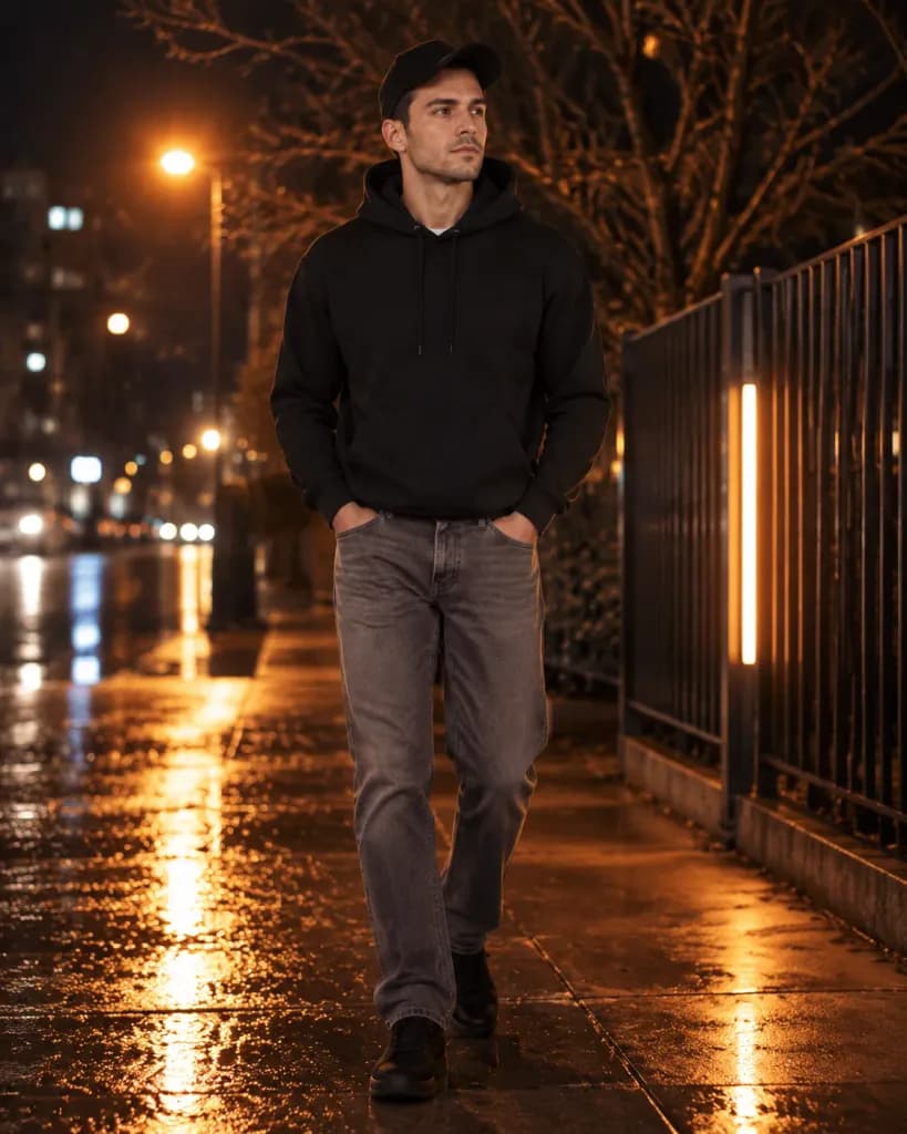 Cinematic Night Portrait on City Walkway