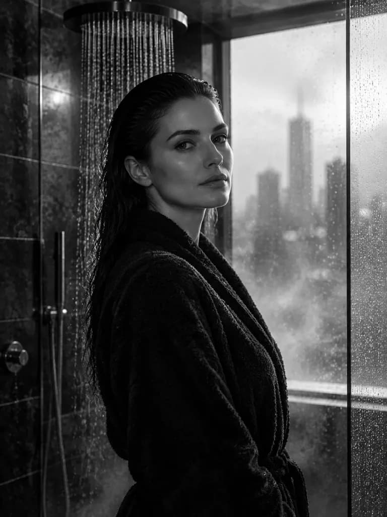 Dramatic Monochrome Shower Portrait