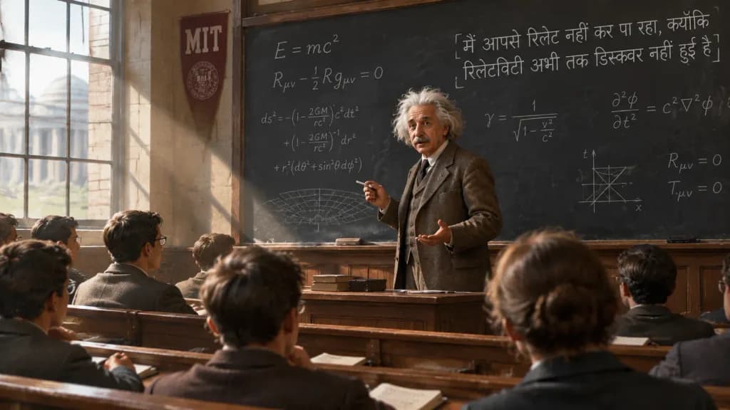 Einstein Teaching at Chalkboard with Hindi Text