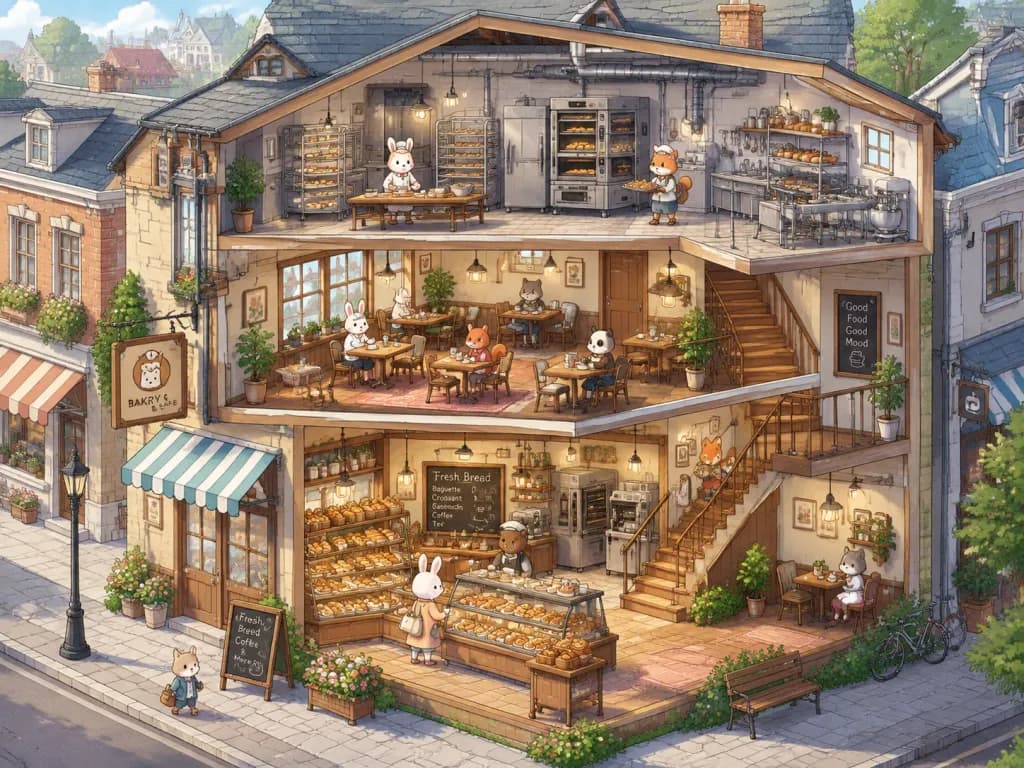 動物たちの住むアイソメトリック建築断面図