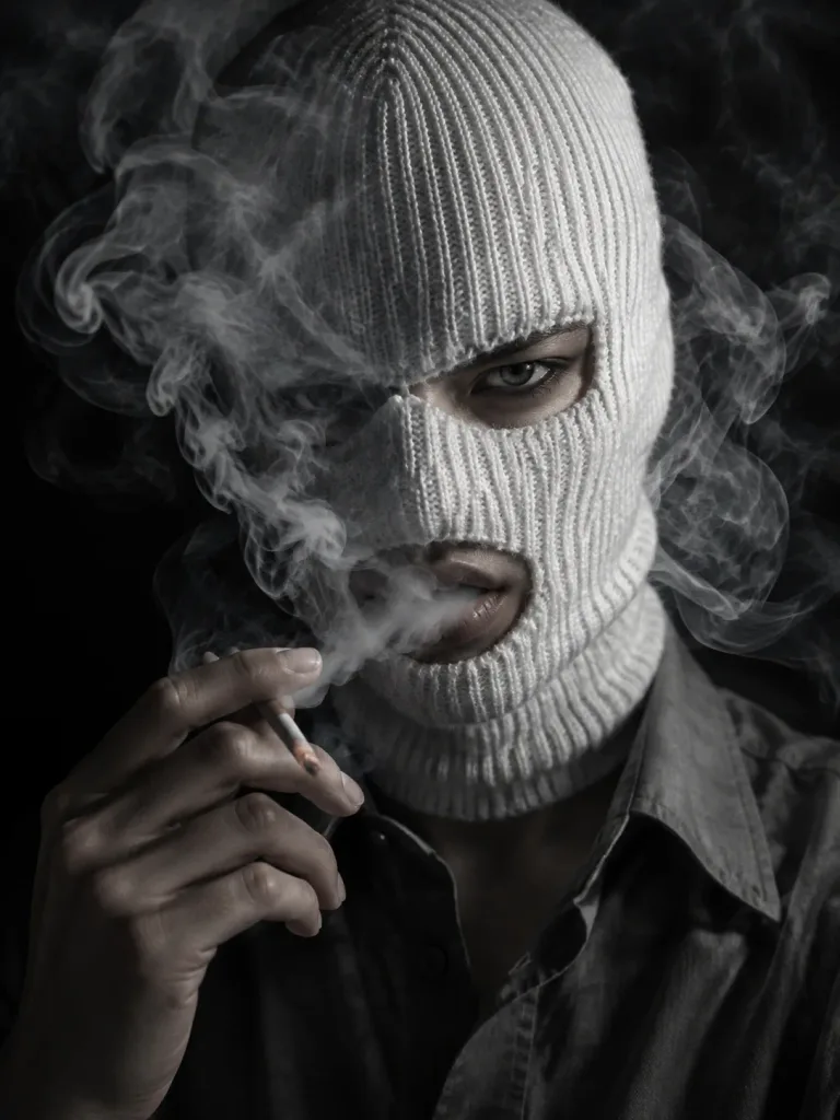 Noir Balaclava Portrait with Cigarette Smoke