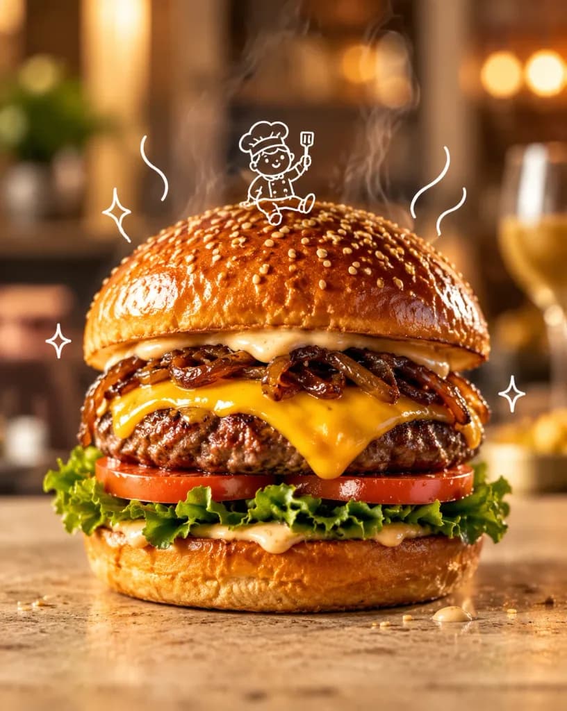 Gourmet Burger Commercial with Illustrated Chef