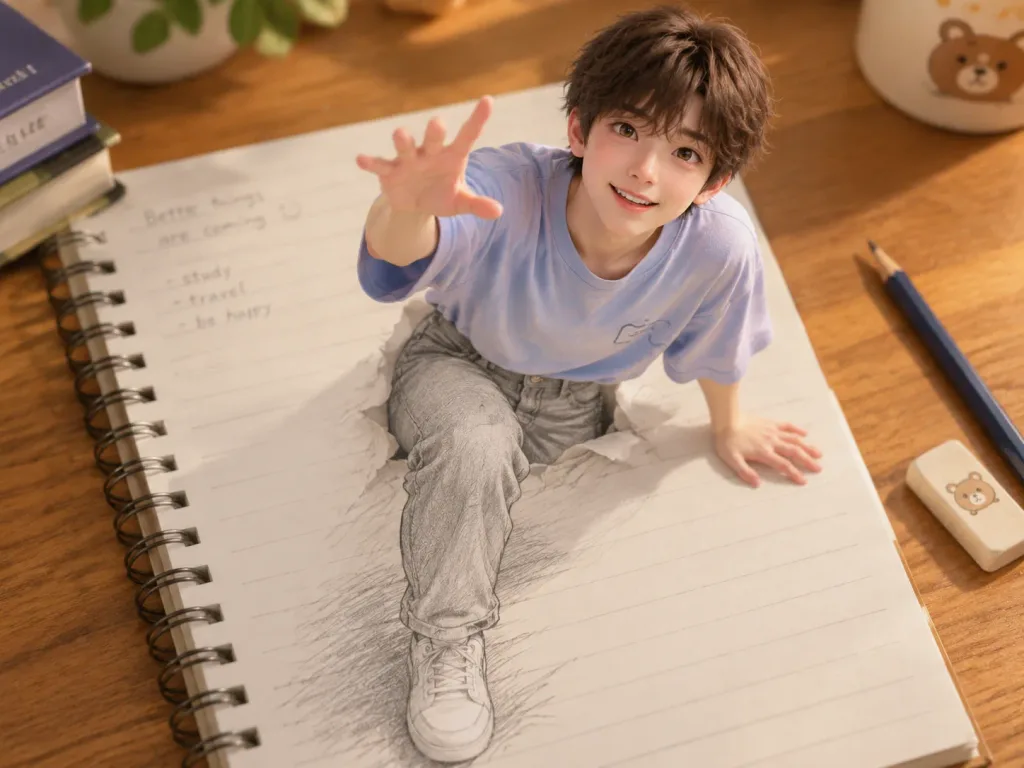 Boy Stepping Out of Notebook Illusion