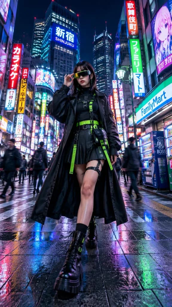 Techwear Fashion Model in Neon Shinjuku