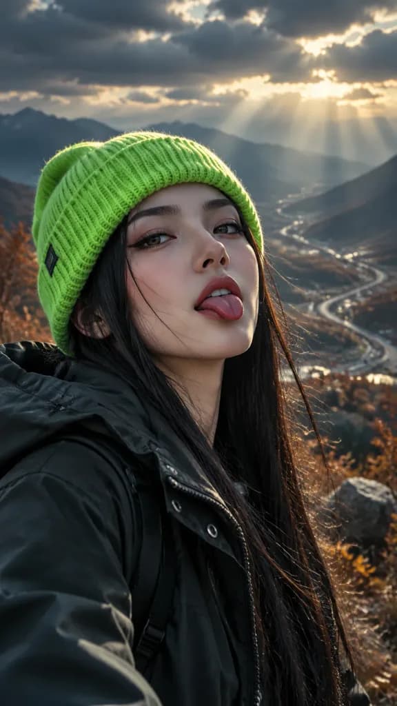 Playful Woman in Neon Beanie