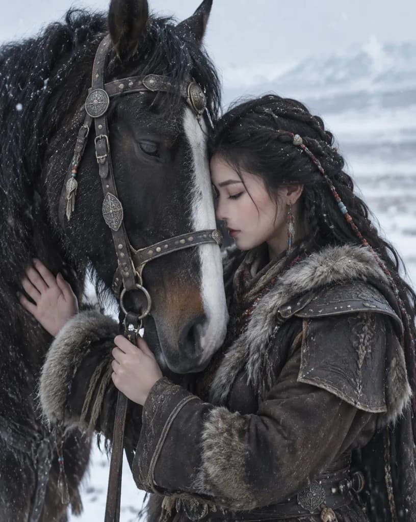 Ancient Turkic Woman with Horse in Snow