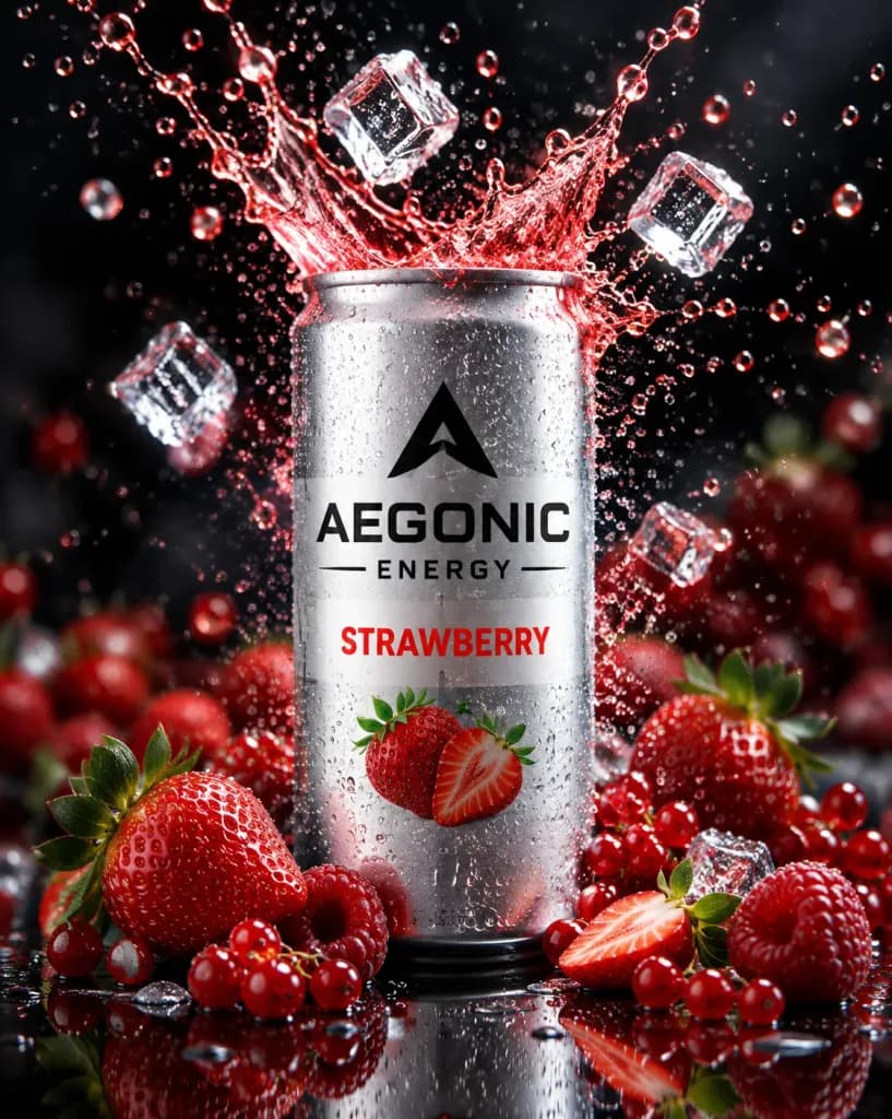 Cinematic Strawberry Energy Drink Splash Photography