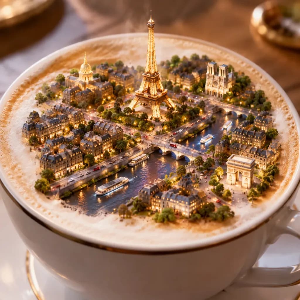 コーヒーの泡に浮かぶミニチュア都市