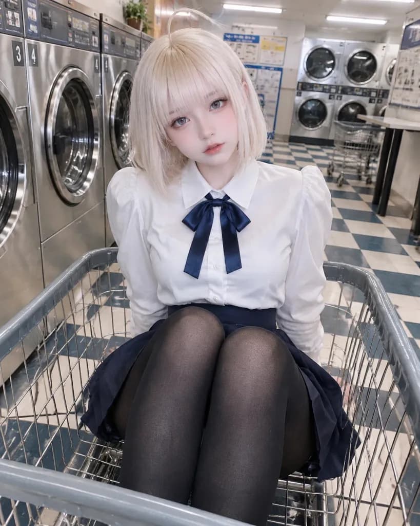 Modella Cosplay nel Carrello della Lavanderia