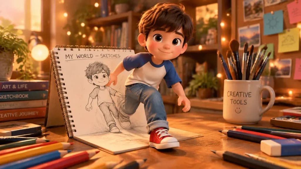 3D Cartoon Character Stepping From Sketchbook