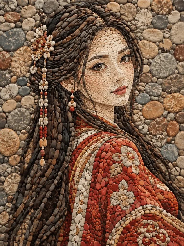 Natural Pebble Mosaic Woman Portrait