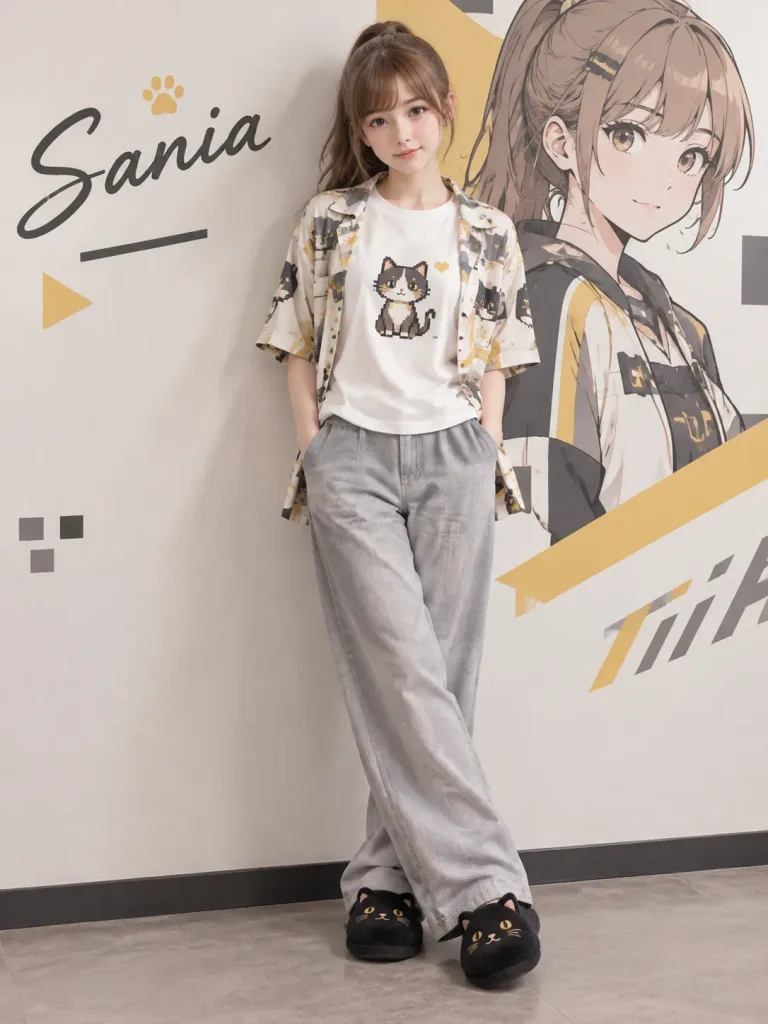 Ritratto casual accanto a un murale grafico