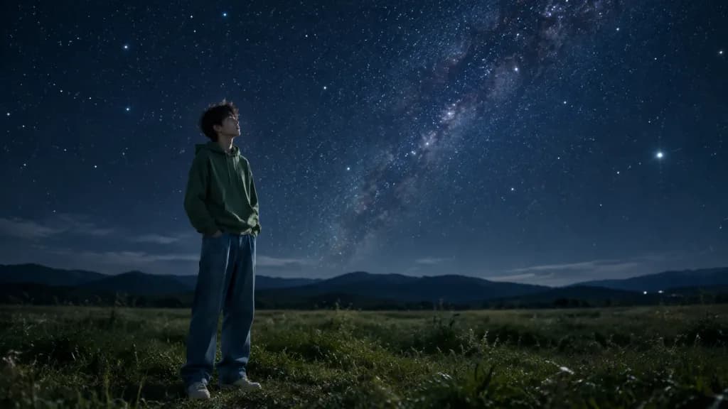 Young Man Gazing at Starry Sky