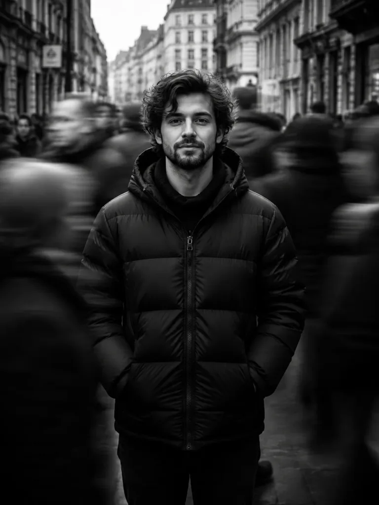 Monochrome Street Portrait with Motion Blur