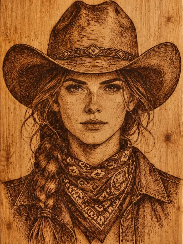Western Outlaw Woodcut Pyrography Portrait