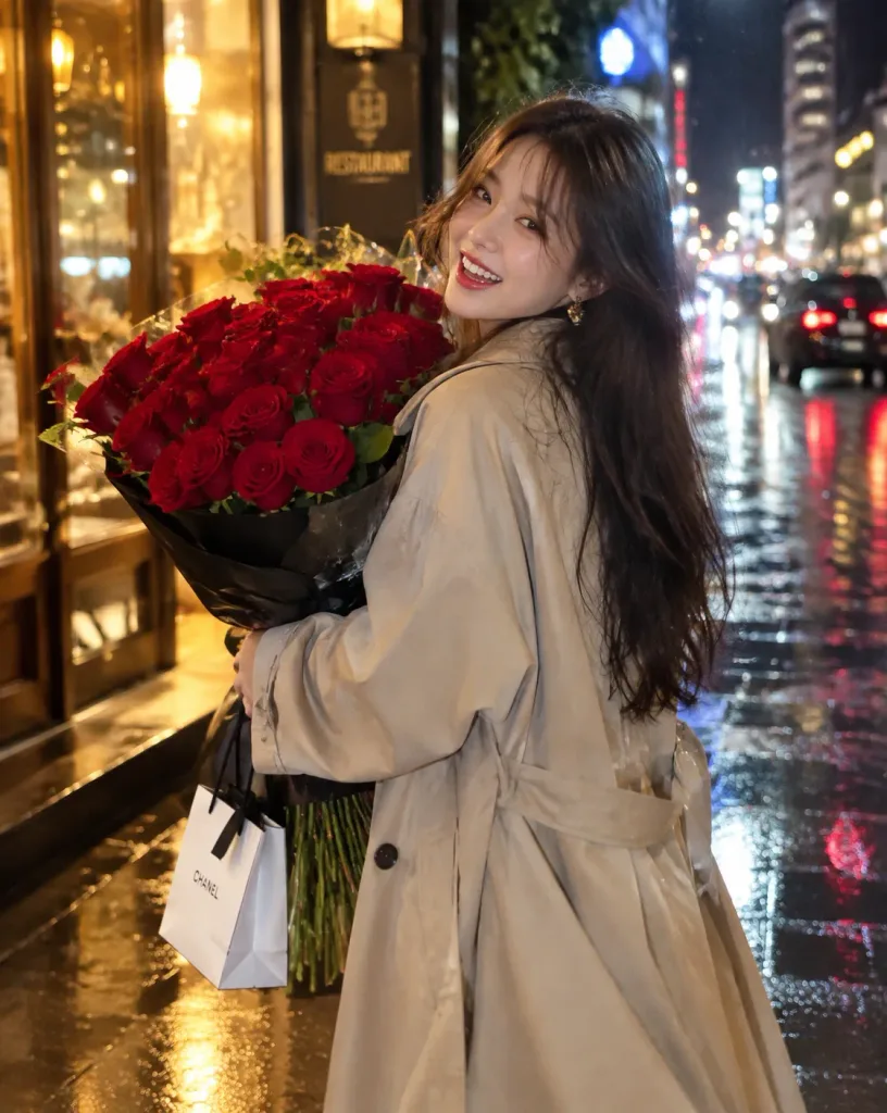 抱玫瑰花的夜景抓拍街头肖像