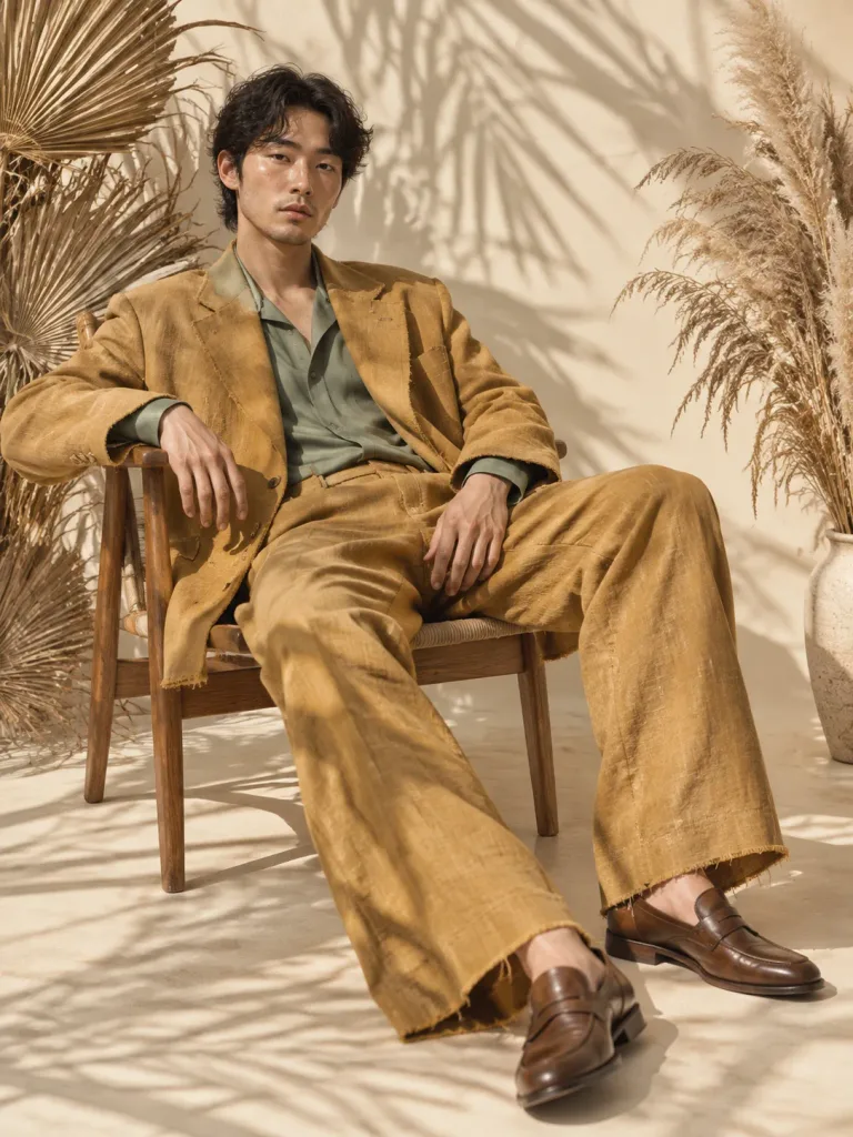 黄土色スーツのファッションエディトリアルポートレート