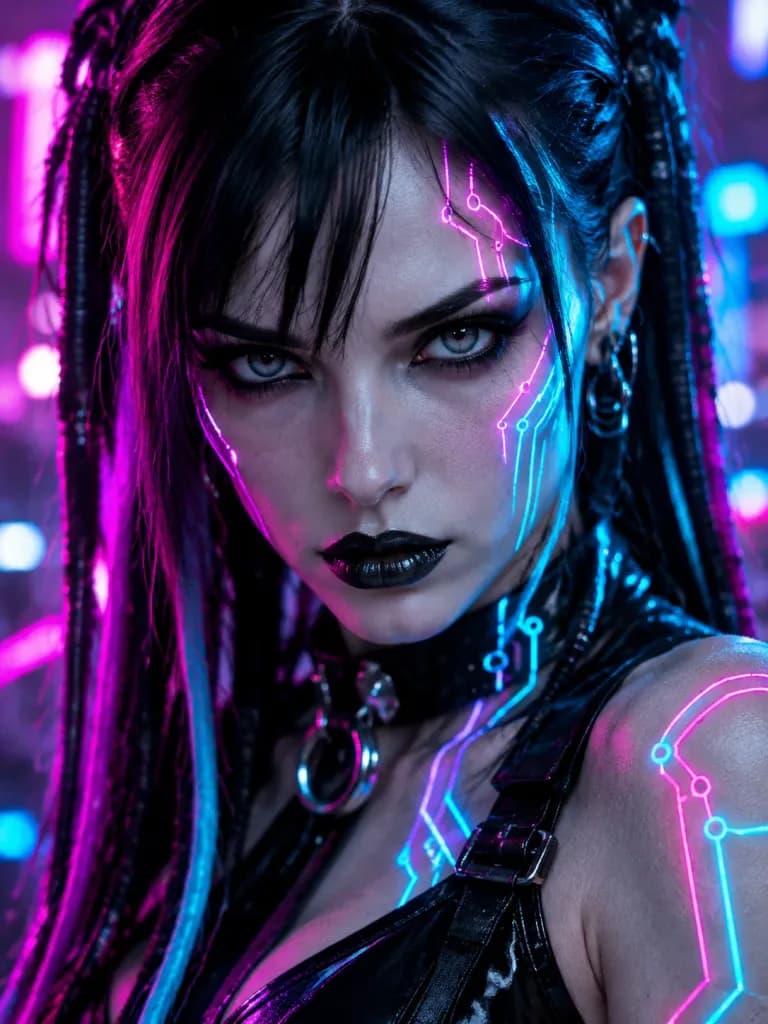 Cybergoth Woman Portrait with Neon Circuits