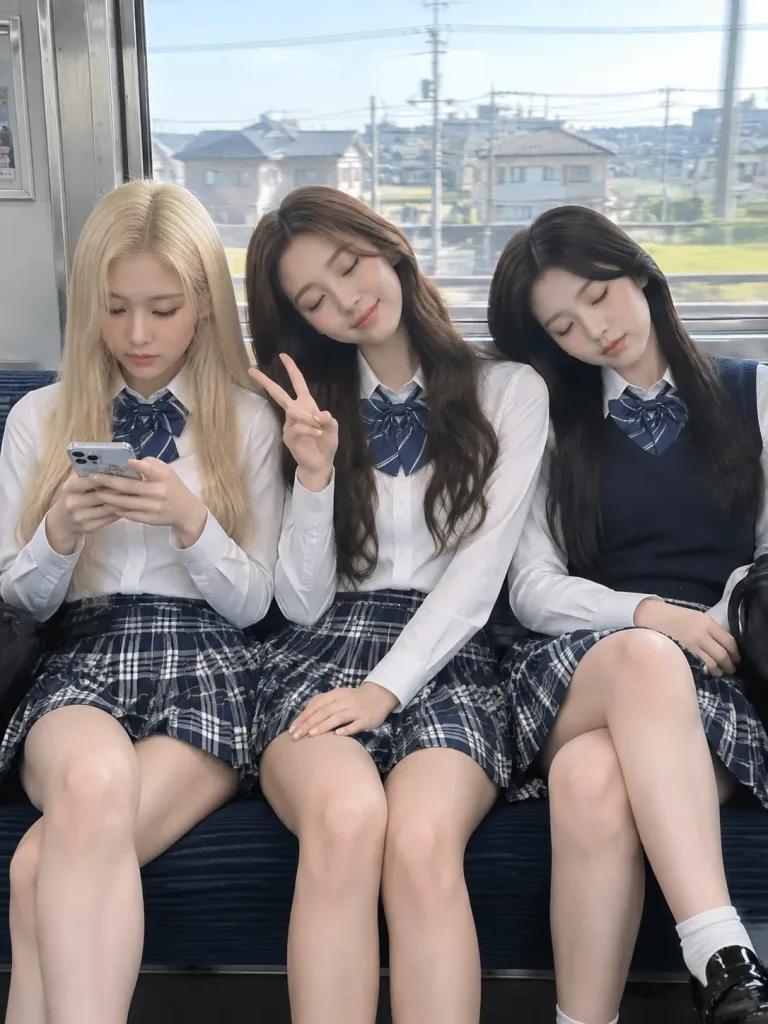 電車で休む3人のK-POPアイドル
