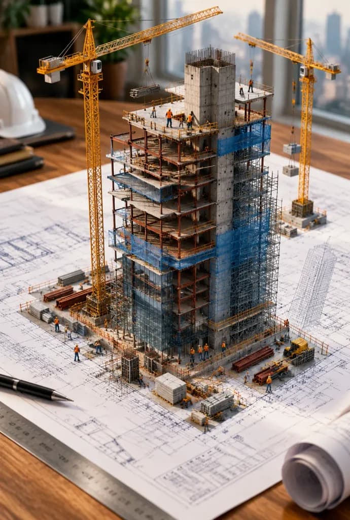 Miniature Skyscraper Rising from Blueprint