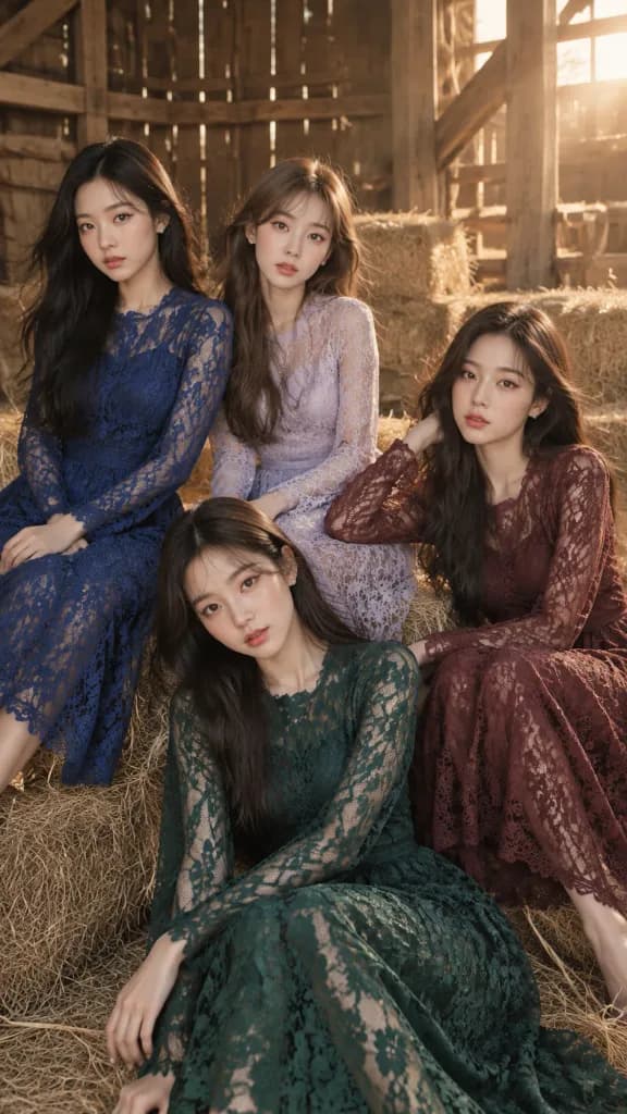 Portret Grupy K-Pop w Koronkowych Sukienkach