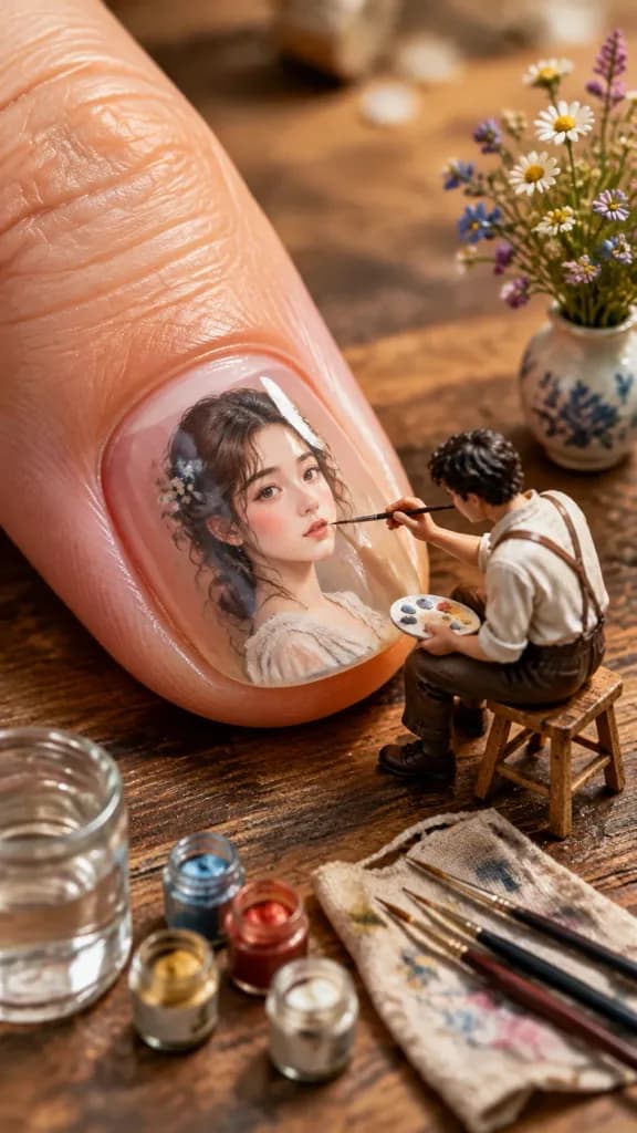 Miniature Artist Painting on Fingernail