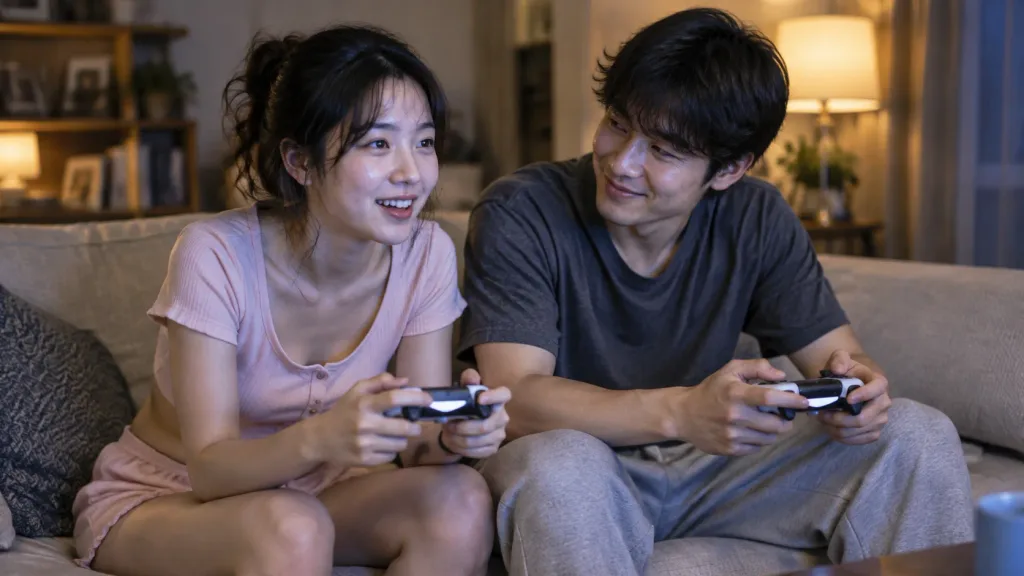 Candid Gaming Couple on Living Room Sofa