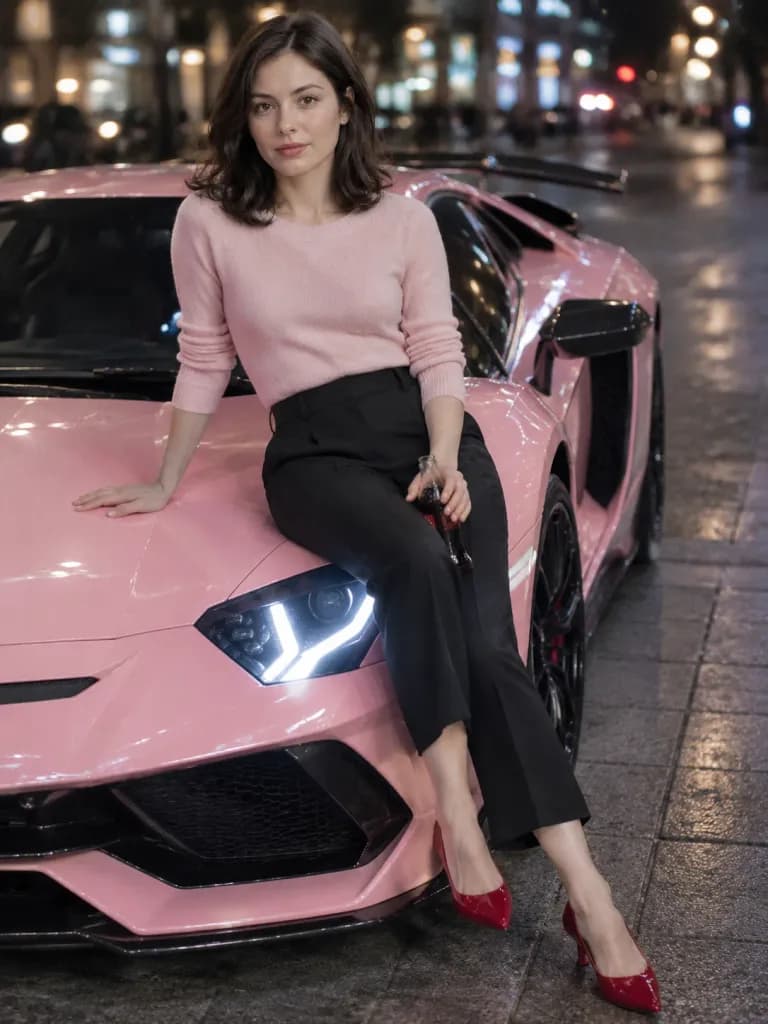スポーツカーのボンネットに座る夜景ポートレート